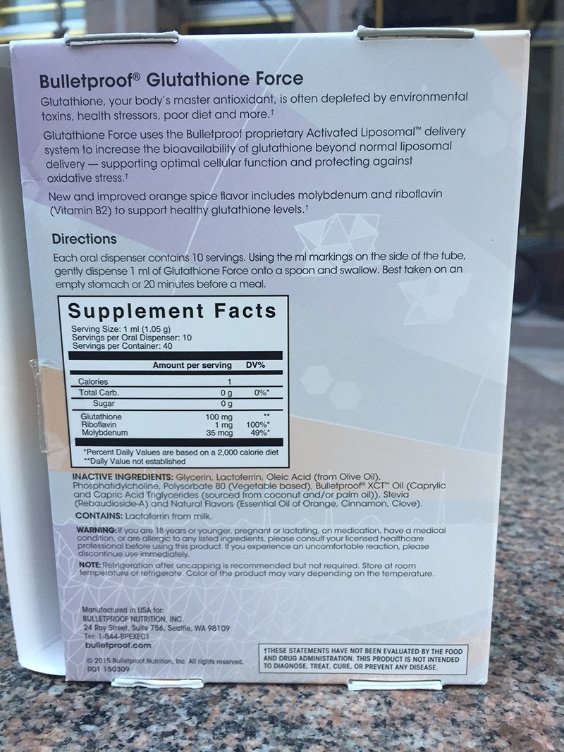 Glutathione Force nutrition label